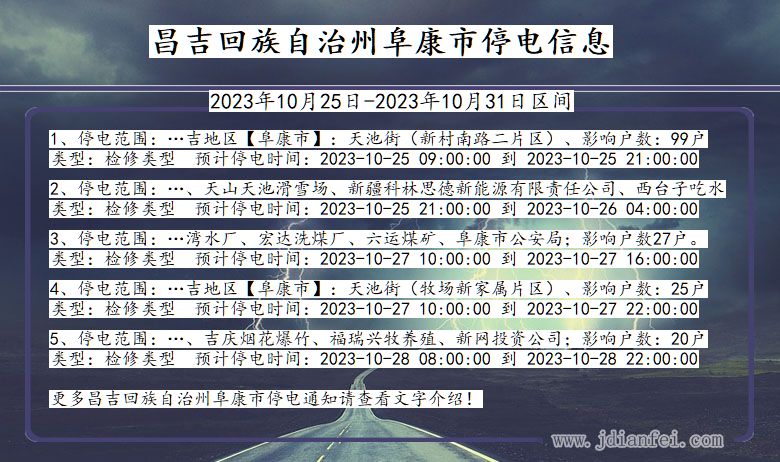 新疆维吾尔自治区昌吉回族自治州阜康停电通知