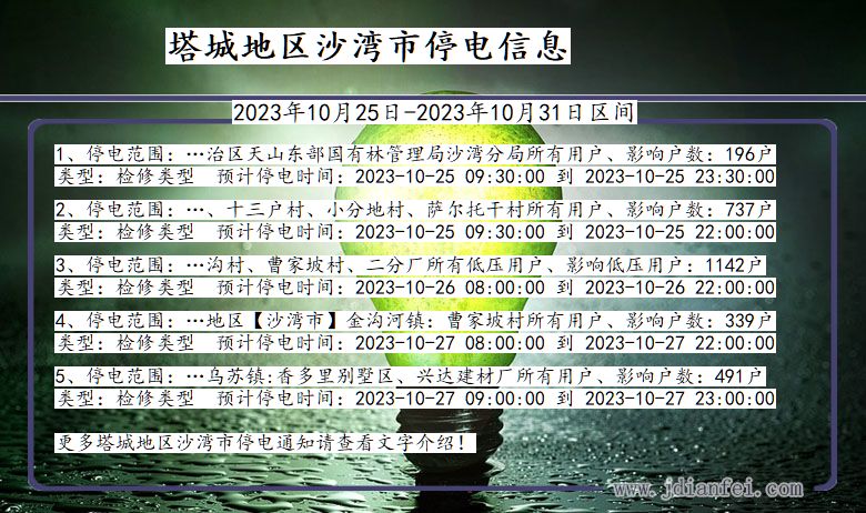 新疆维吾尔自治区塔城地区沙湾停电通知