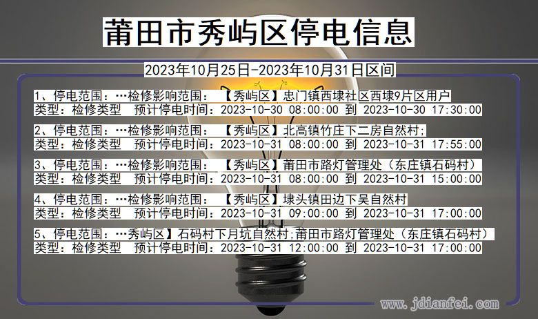 福建省莆田秀屿停电通知