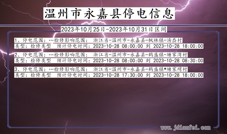 浙江省温州永嘉停电通知