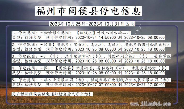 福建省福州闽侯停电通知