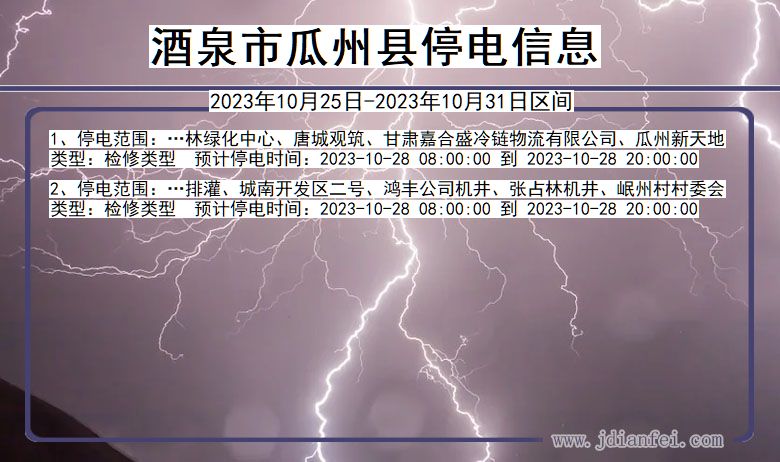 甘肃省酒泉瓜州停电通知