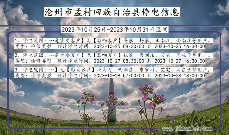 河北省沧州孟村回族自治停电通知