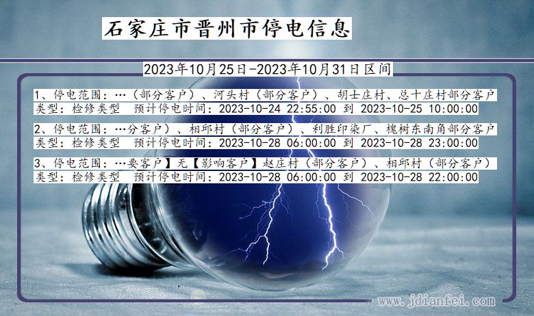 河北省石家庄晋州停电通知