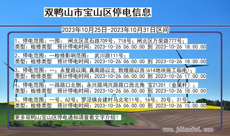 黑龙江省双鸭山宝山停电通知