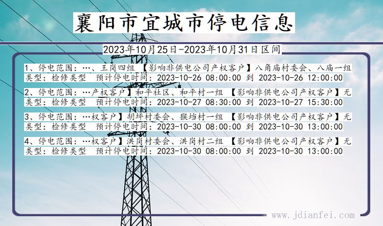 湖北省襄阳宜城停电通知