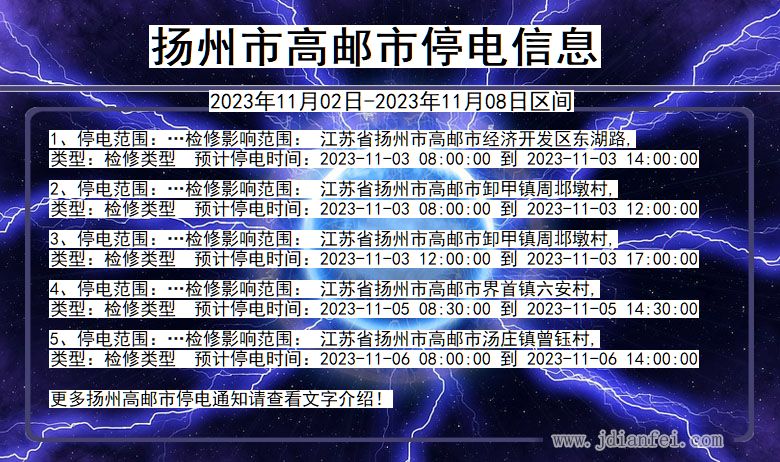 江苏省扬州高邮停电通知