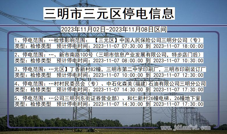 福建省三明三元停电通知