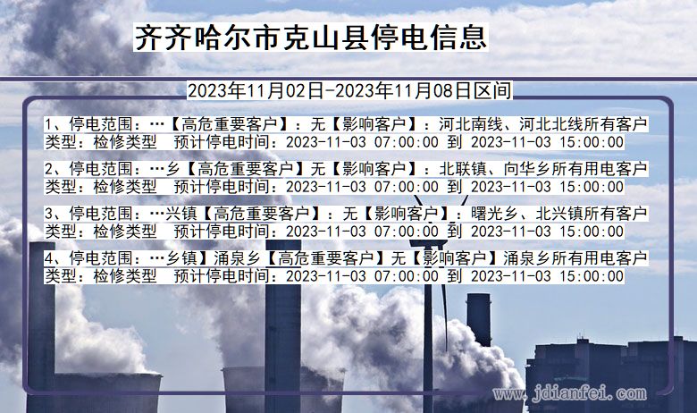 黑龙江省齐齐哈尔克山停电通知