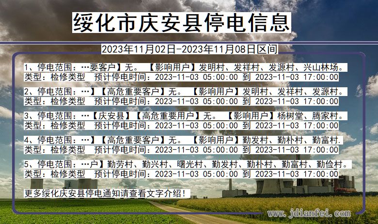 黑龙江省绥化庆安停电通知