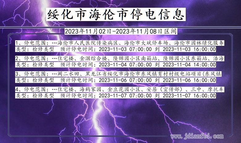 黑龙江省绥化海伦停电通知