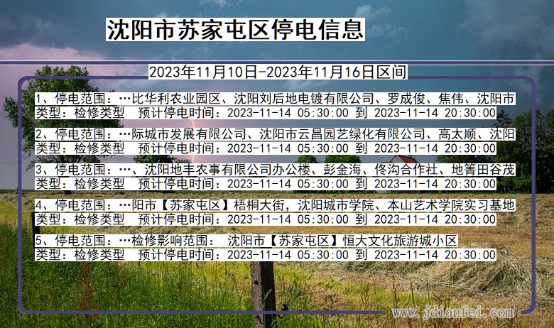 辽宁省沈阳苏家屯停电通知