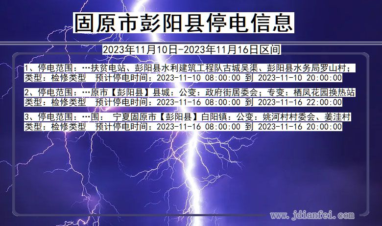 宁夏回族自治区固原彭阳停电通知