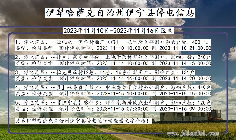 新疆维吾尔自治区伊犁哈萨克自治州伊宁停电通知