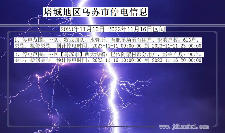 新疆维吾尔自治区塔城地区乌苏停电通知