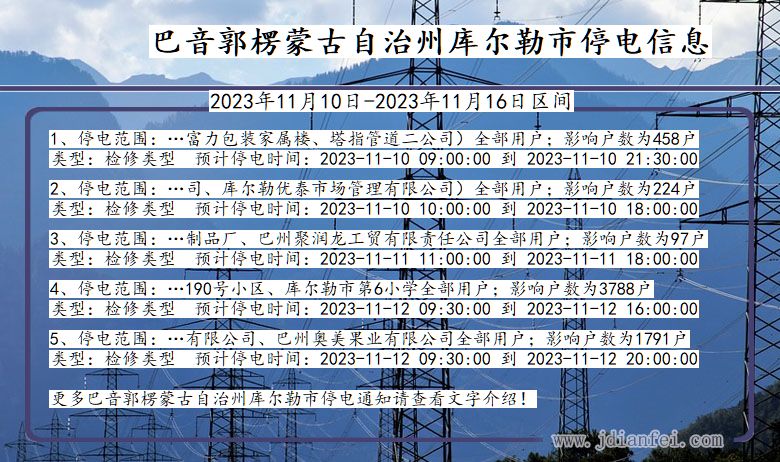 新疆维吾尔自治区巴音郭楞蒙古自治州库尔勒停电通知