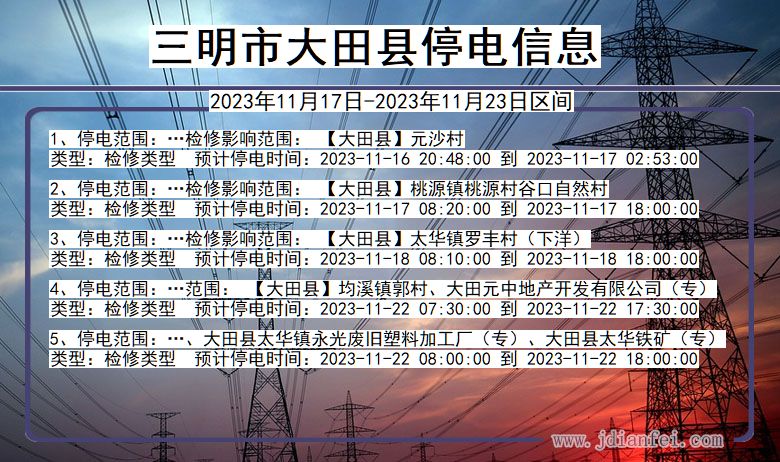 福建省三明大田停电通知