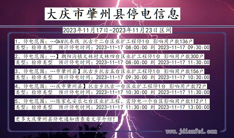 黑龙江省大庆肇州停电通知