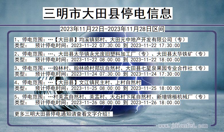 福建省三明大田停电通知