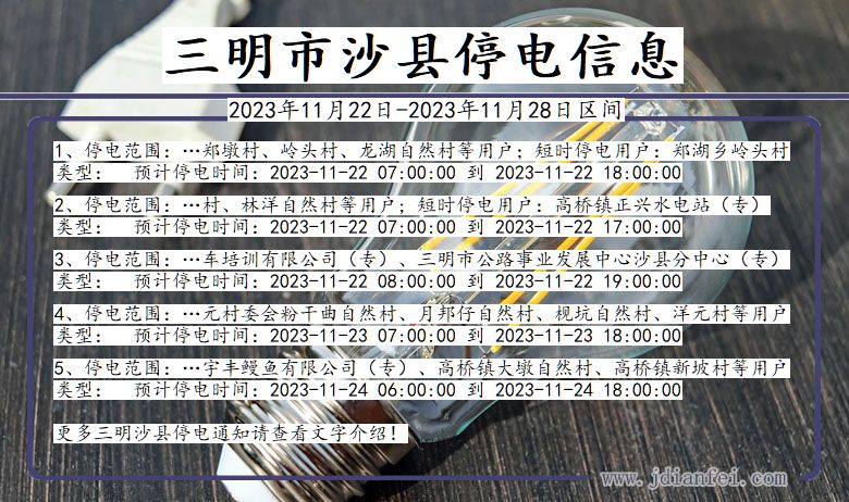 福建省三明沙县停电通知