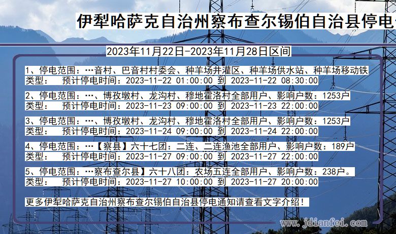 新疆维吾尔自治区伊犁哈萨克自治州察布查尔锡伯自治停电通知