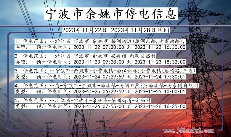 浙江省宁波余姚停电通知