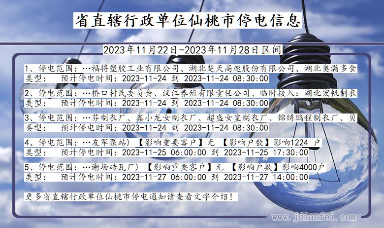 湖北省省直辖行政单位仙桃停电通知