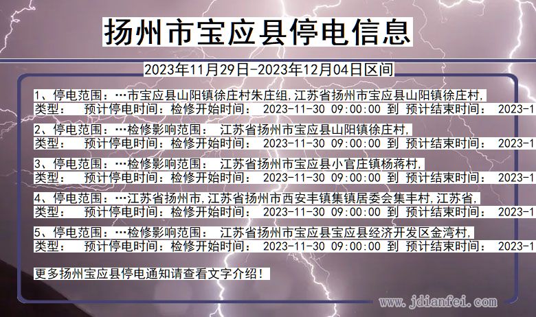 江苏省扬州宝应停电通知