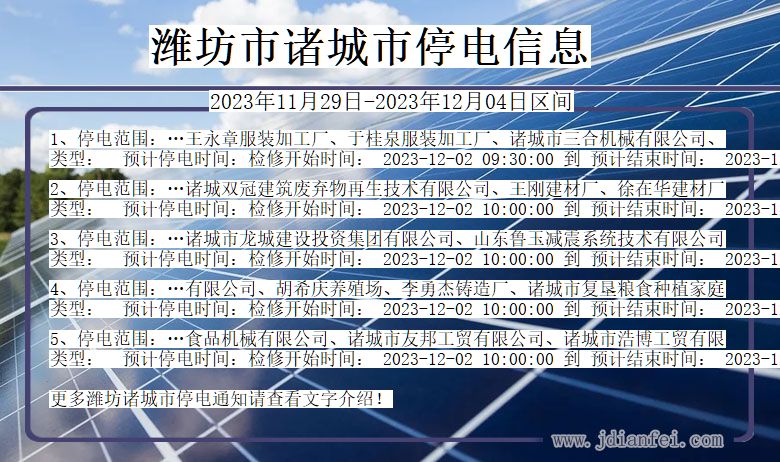 山东省潍坊诸城停电通知