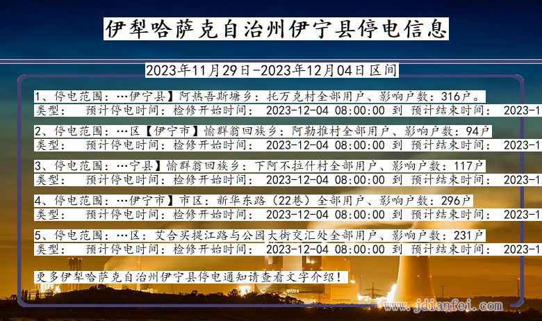 新疆维吾尔自治区伊犁哈萨克自治州伊宁停电通知