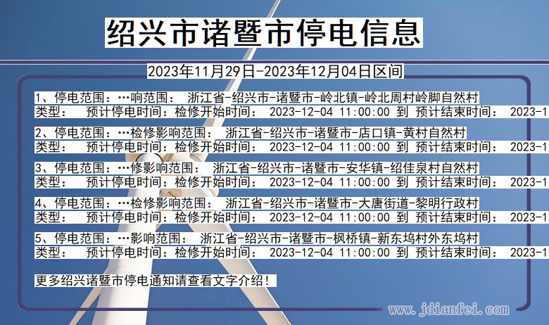 浙江省绍兴诸暨停电通知