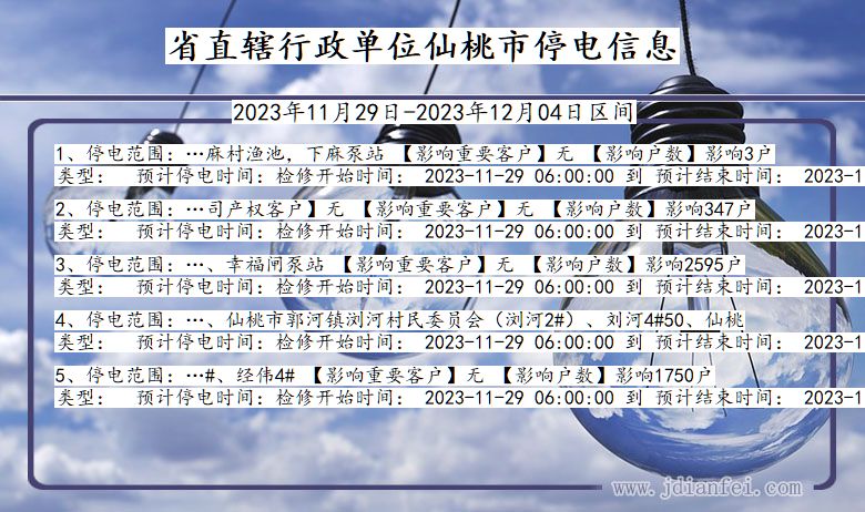 湖北省省直辖行政单位仙桃停电通知