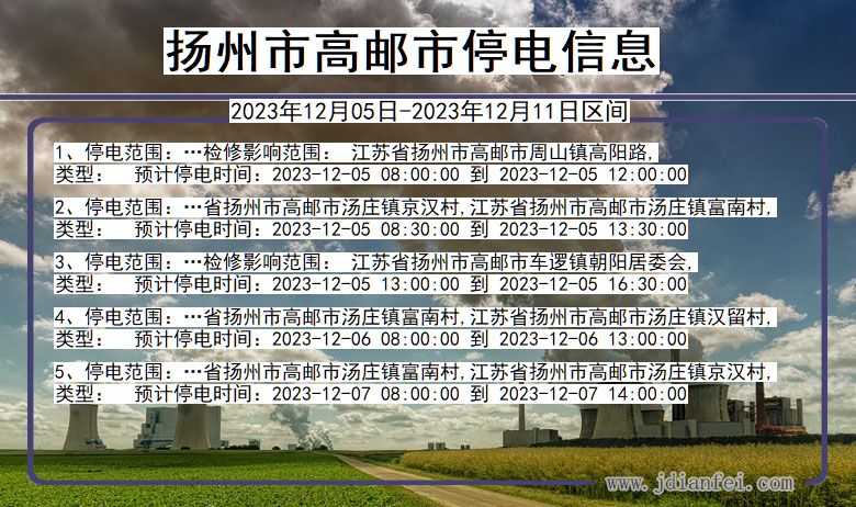 江苏省扬州高邮停电通知