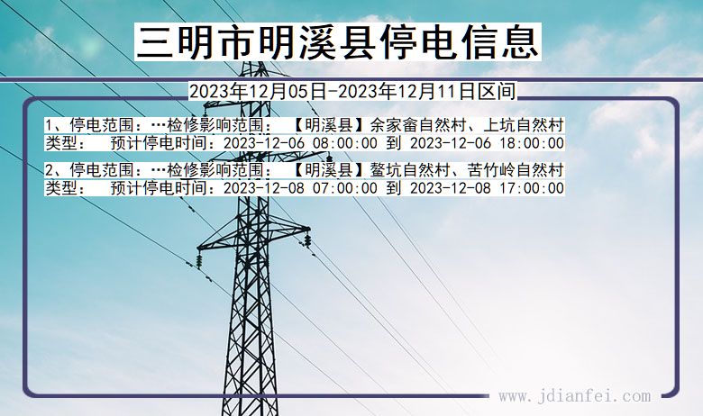 福建省三明明溪停电通知