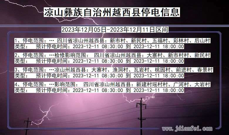 四川省凉山彝族自治州越西停电通知