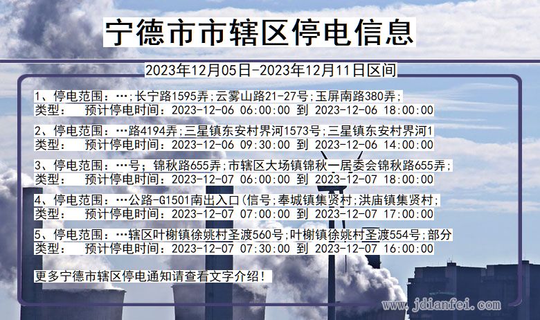 福建省宁德辖区停电通知