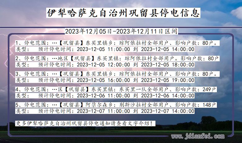 新疆维吾尔自治区伊犁哈萨克自治州巩留停电通知