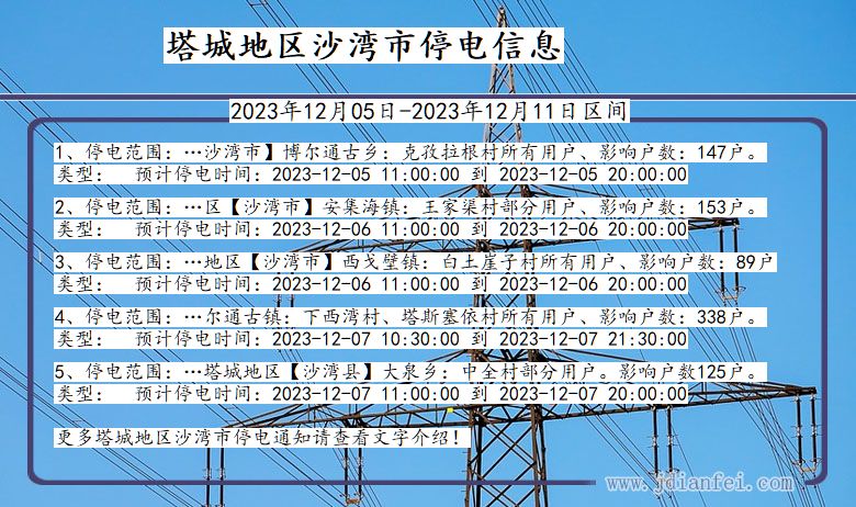 新疆维吾尔自治区塔城地区沙湾停电通知