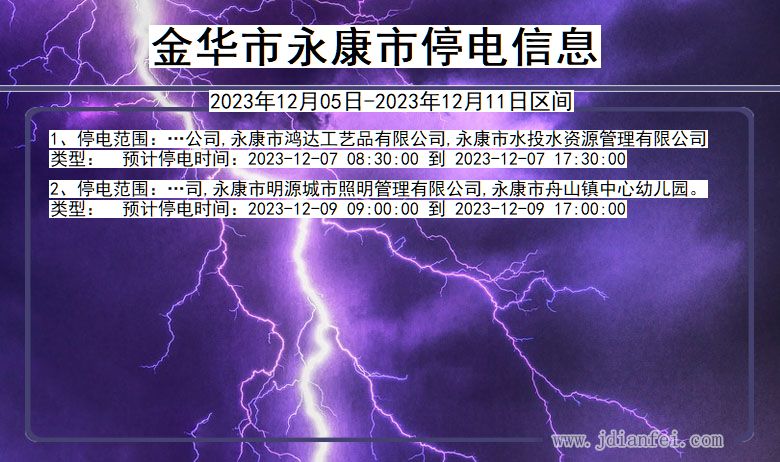 浙江省金华永康停电通知