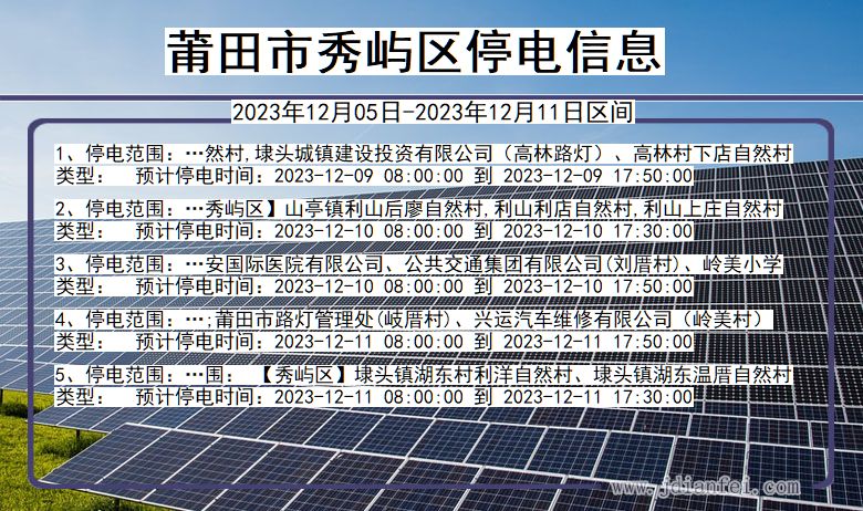 福建省莆田秀屿停电通知