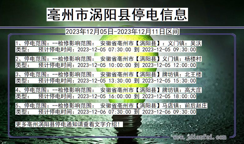 安徽省亳州涡阳停电通知