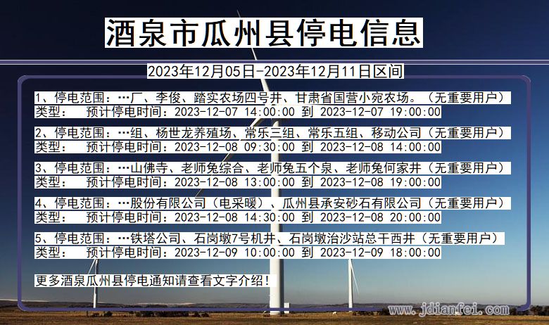 甘肃省酒泉瓜州停电通知