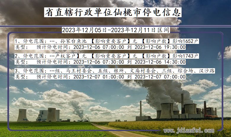 湖北省省直辖行政单位仙桃停电通知