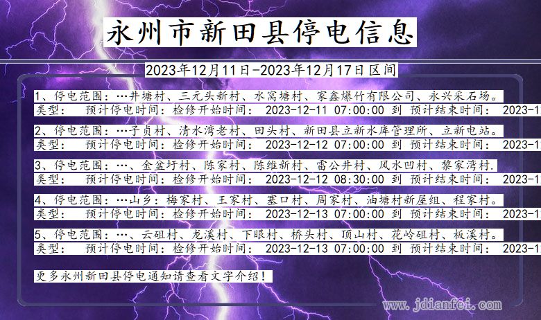 湖南省永州新田停电通知