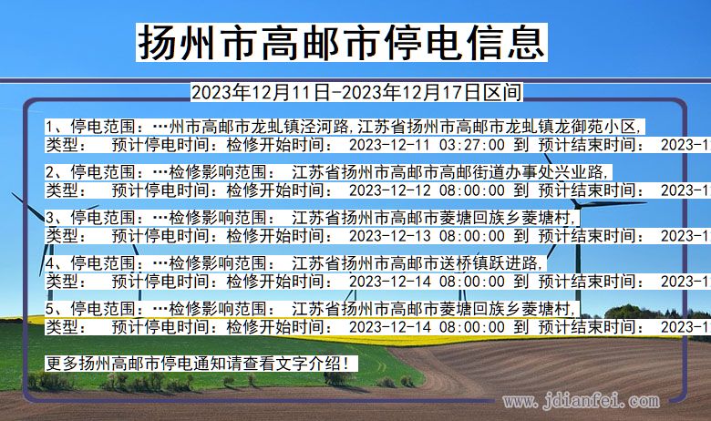 江苏省扬州高邮停电通知