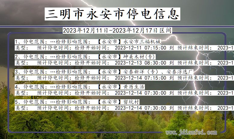 福建省三明永安停电通知