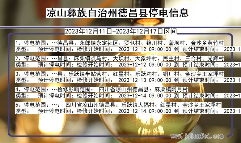 四川省凉山彝族自治州德昌停电通知