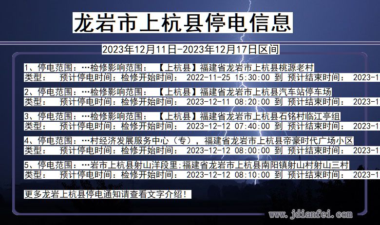 福建省龙岩上杭停电通知