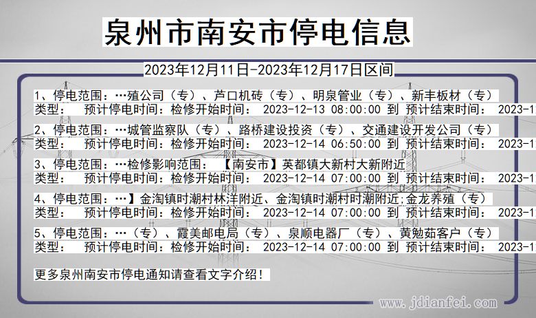 福建省泉州南安停电通知