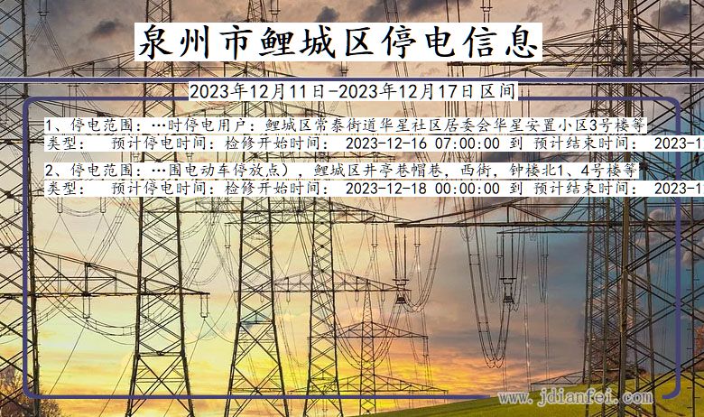 福建省泉州鲤城停电通知